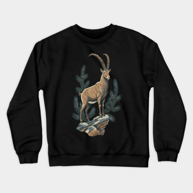Alpine Ibex Mountain Goat on Rocky Cliff Crewneck Sweatshirt by BirdsnStuff