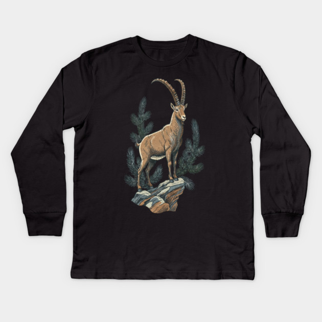 Alpine Ibex Mountain Goat on Rocky Cliff Kids Long Sleeve T-Shirt by BirdsnStuff