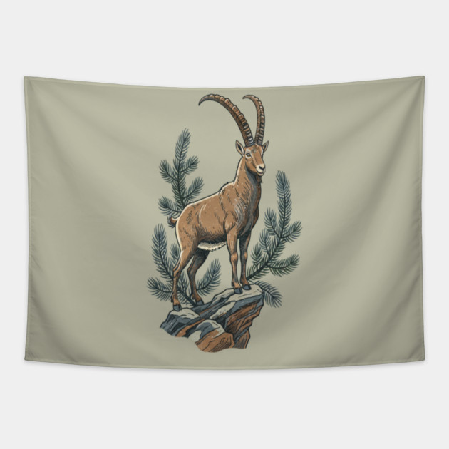 Alpine Ibex Mountain Goat on Rocky Cliff Tapestry by BirdsnStuff