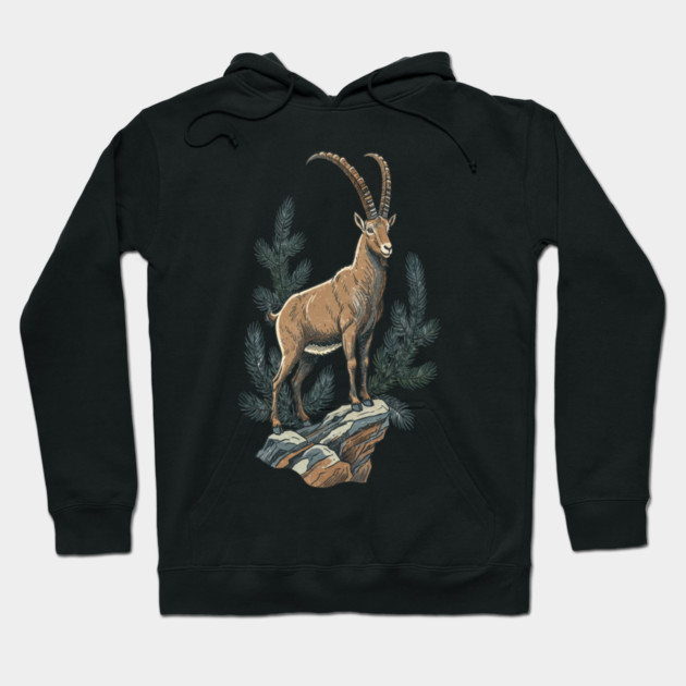 Alpine Ibex Mountain Goat on Rocky Cliff Hoodie by BirdsnStuff