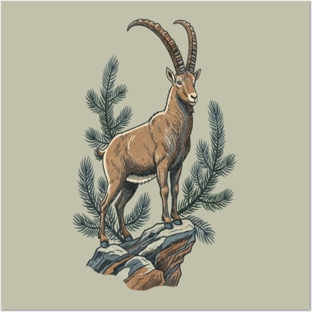 Alpine Ibex Mountain Goat on Rocky Cliff Wall Art by BirdsnStuff