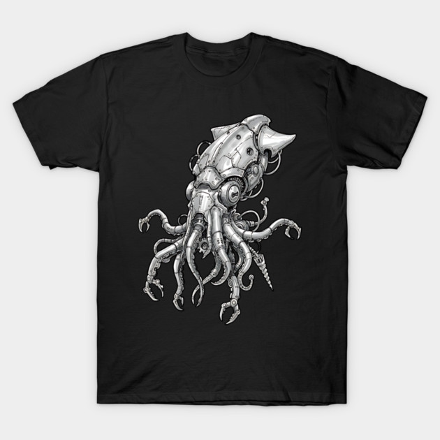 Mechanical Squid Cyberpunk Robot Illustration T-Shirt by Designed By Marty