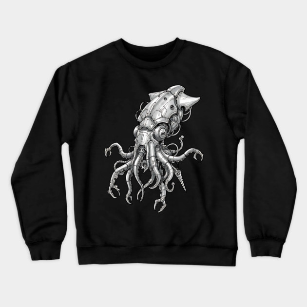 Mechanical Squid Cyberpunk Robot Illustration Crewneck Sweatshirt by Designed By Marty