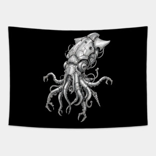 Mechanical Squid Cyberpunk Robot Illustration Tapestry