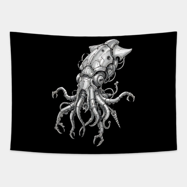 Mechanical Squid Cyberpunk Robot Illustration Tapestry by Designed By Marty