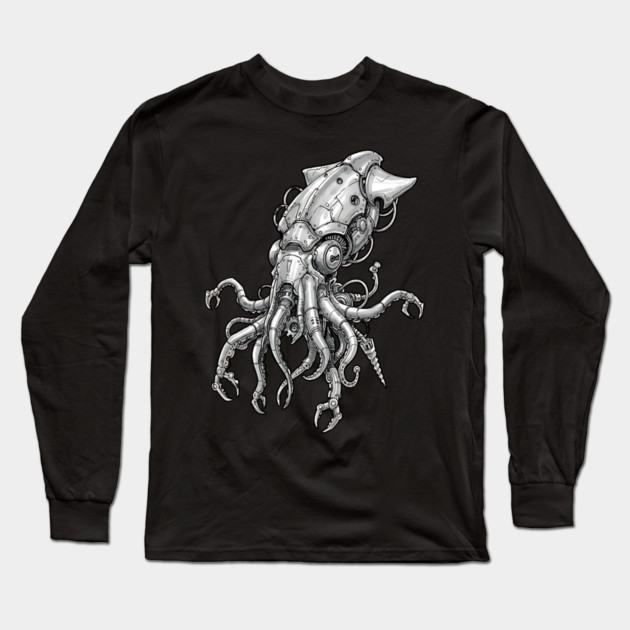 Mechanical Squid Cyberpunk Robot Illustration Long Sleeve T-Shirt by Designed By Marty