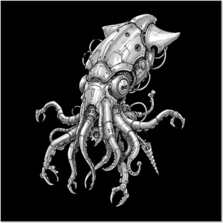 Mechanical Squid Cyberpunk Robot Illustration Posters and Art