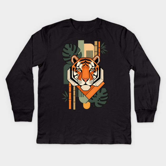 Bauhaus Tiger Modern Art Illustration Kids Long Sleeve T-Shirt by Designed By Marty