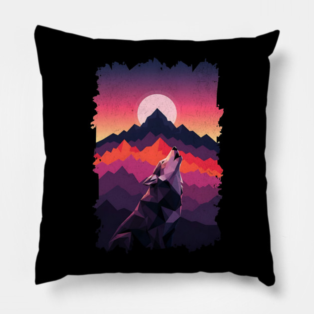 Geometric Howling Wolf Sunset Art Pillow by Designed By Marty