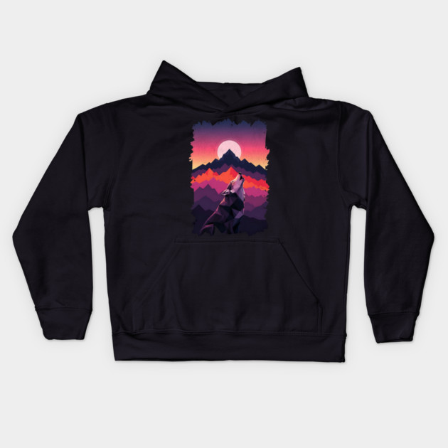 Geometric Howling Wolf Sunset Art Kids Hoodie by Designed By Marty