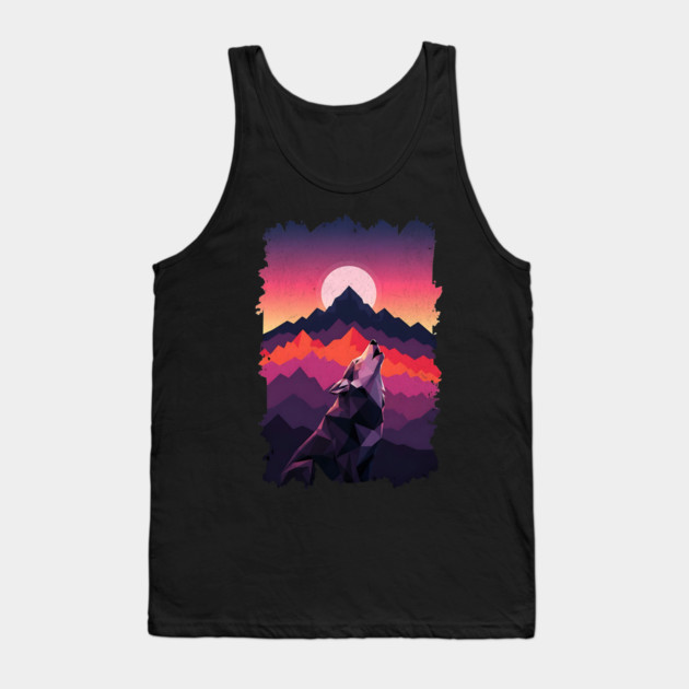 Geometric Howling Wolf Sunset Art Tank Top by Designed By Marty