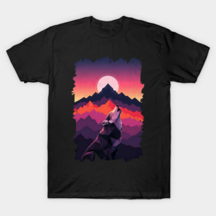 Geometric Howling Wolf Sunset Art T-Shirt