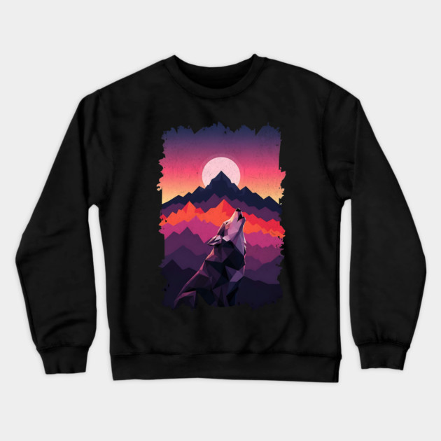 Geometric Howling Wolf Sunset Art Crewneck Sweatshirt by Designed By Marty