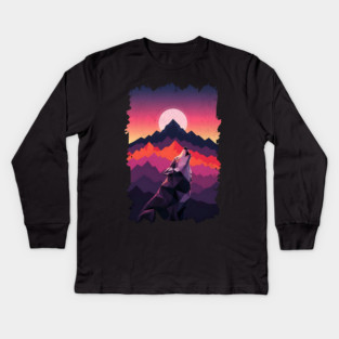Geometric Howling Wolf Sunset Art Kids Long Sleeve T-Shirt