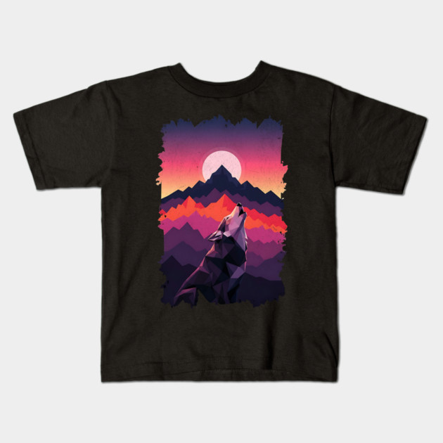 Geometric Howling Wolf Sunset Art Kids T-Shirt by Designed By Marty