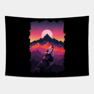 Geometric Howling Wolf Sunset Art Tapestry