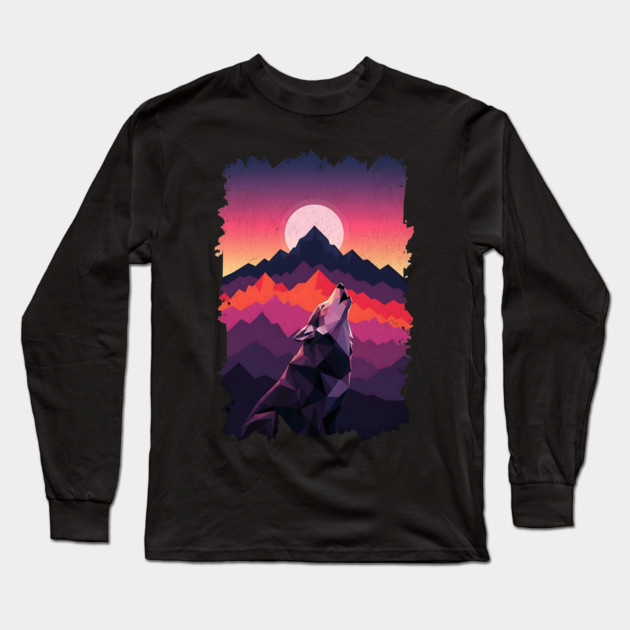 Geometric Howling Wolf Sunset Art Long Sleeve T-Shirt by Designed By Marty