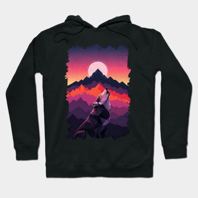 Geometric Howling Wolf Sunset Art Hoodie by Designed By Marty