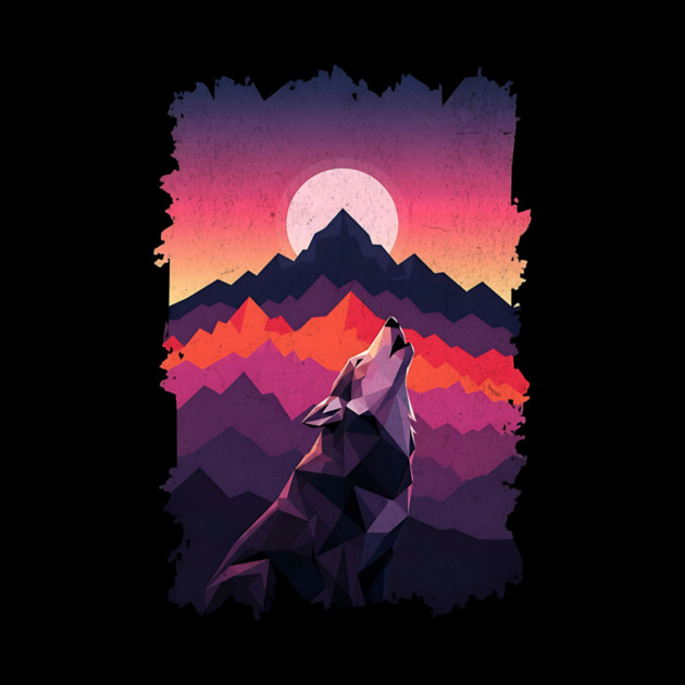 Geometric Howling Wolf Sunset Art by Designed By Marty