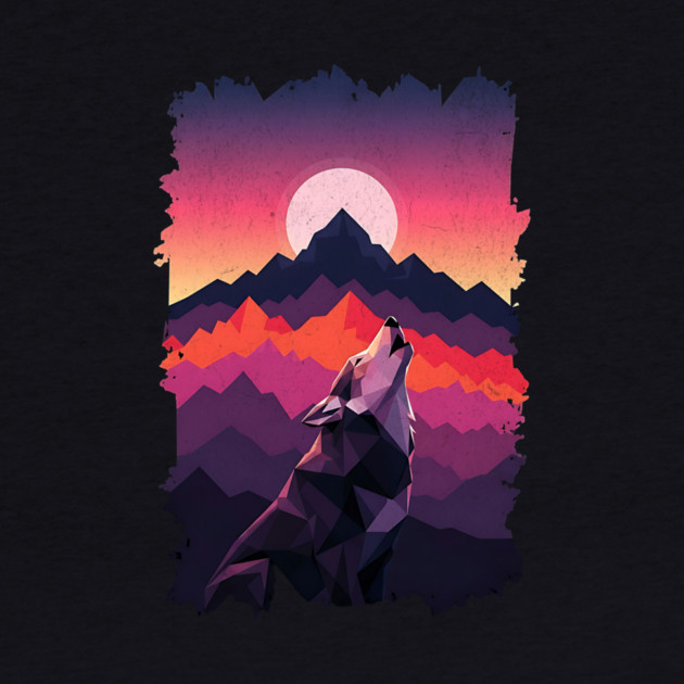 Geometric Howling Wolf Sunset Art by Designed By Marty