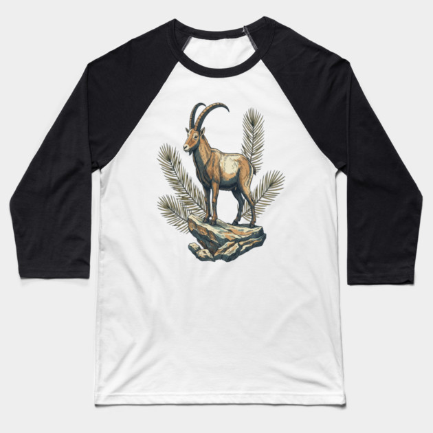 Alpine Ibex Goat Standing on Mountain Rock Baseball T-Shirt by BirdsnStuff