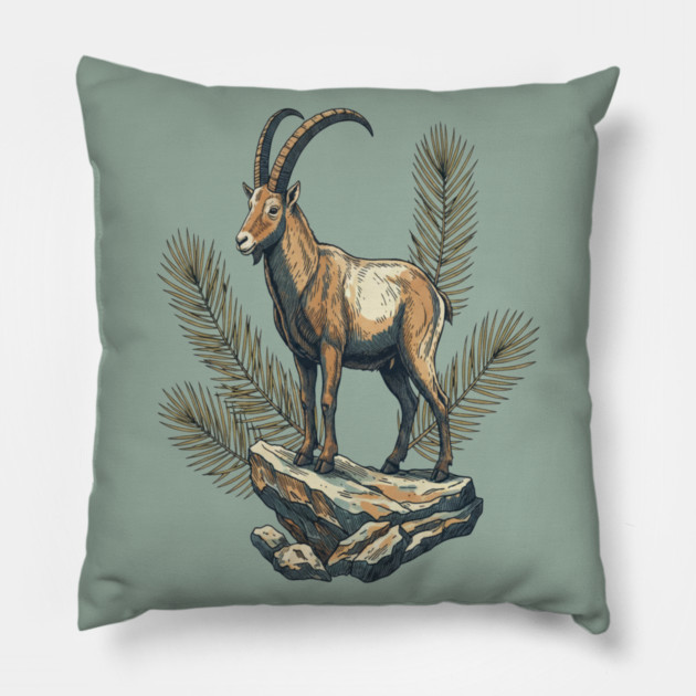 Alpine Ibex Goat Standing on Mountain Rock Pillow by BirdsnStuff