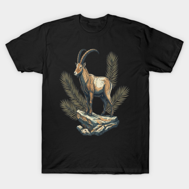 Alpine Ibex Goat Standing on Mountain Rock T-Shirt by BirdsnStuff