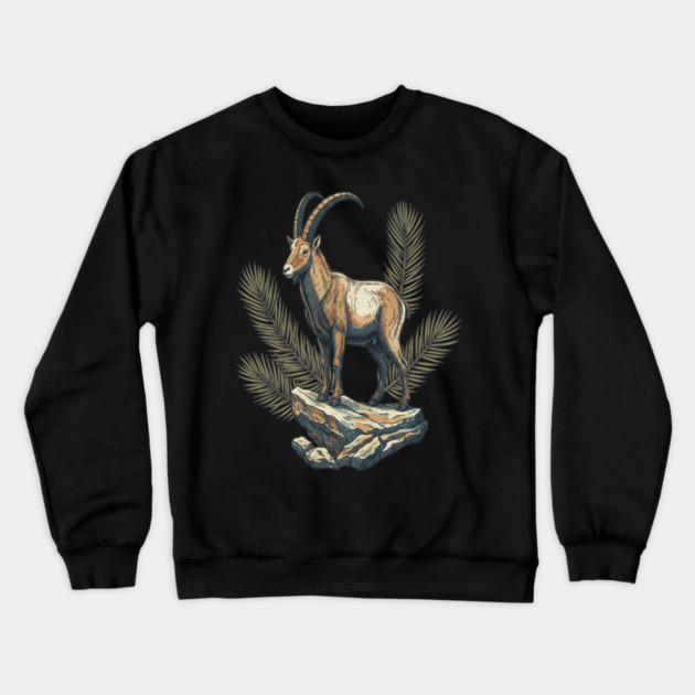 Alpine Ibex Goat Standing on Mountain Rock Crewneck Sweatshirt by BirdsnStuff