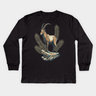 Alpine Ibex Goat Standing on Mountain Rock Kids Long Sleeve T-Shirt