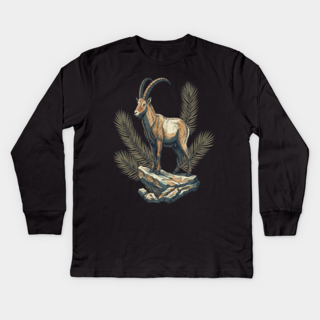 Alpine Ibex Goat Standing on Mountain Rock Kids Long Sleeve T-Shirt by BirdsnStuff