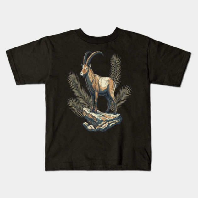 Alpine Ibex Goat Standing on Mountain Rock Kids T-Shirt by BirdsnStuff