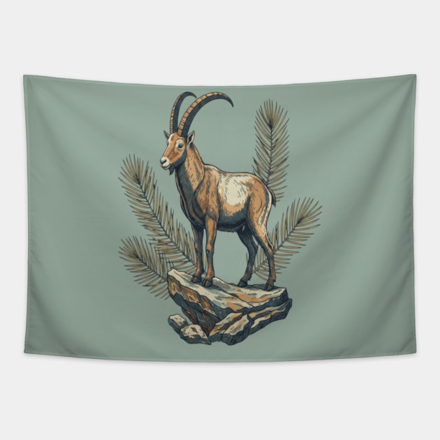 Alpine Ibex Goat Standing on Mountain Rock Tapestry by BirdsnStuff