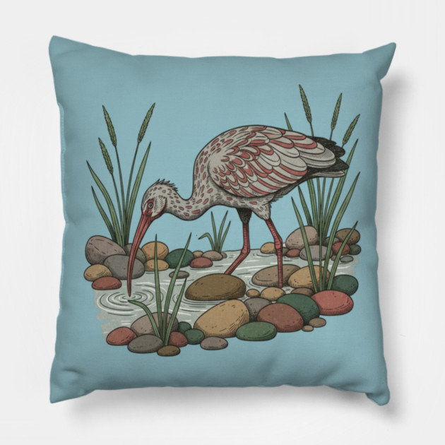Ibisbill Bird Among River Stones and Reeds Pillow by BirdsnStuff