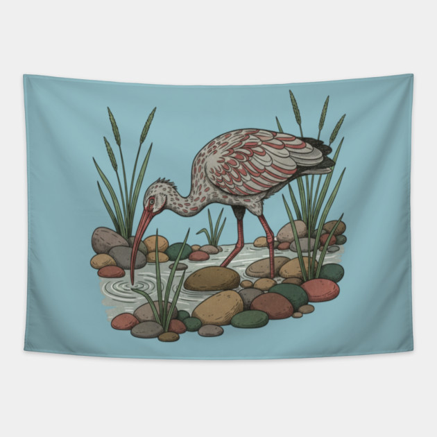 Ibisbill Bird Among River Stones and Reeds Tapestry by BirdsnStuff