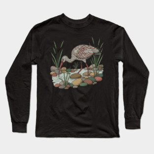 Ibisbill Bird Among River Stones and Reeds Long Sleeve T-Shirt