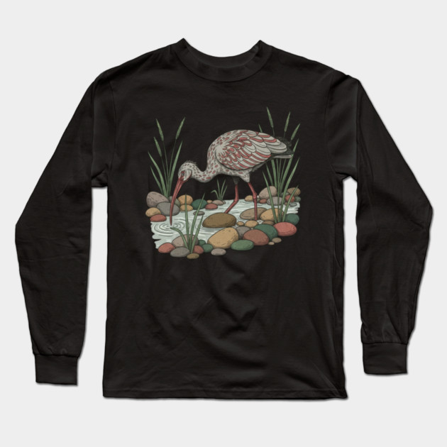 Ibisbill Bird Among River Stones and Reeds Long Sleeve T-Shirt by BirdsnStuff