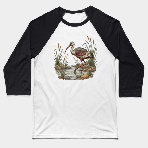 Ibisbill Bird Walking in River with Reeds Baseball T-Shirt by BirdsnStuff
