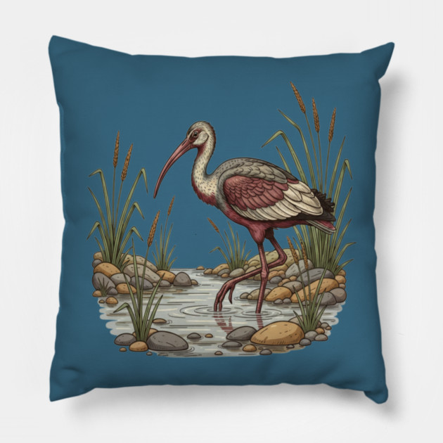 Ibisbill Bird Walking in River with Reeds Pillow by BirdsnStuff