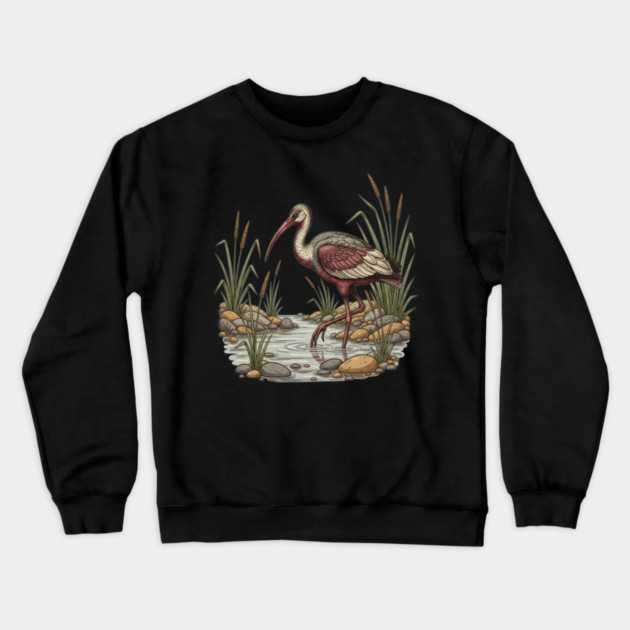 Ibisbill Bird Walking in River with Reeds Crewneck Sweatshirt by BirdsnStuff