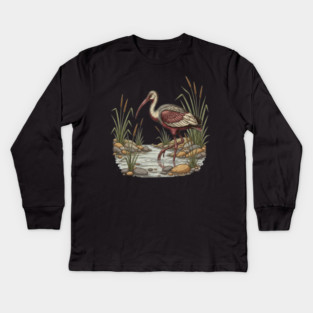 Ibisbill Bird Walking in River with Reeds Kids Long Sleeve T-Shirt