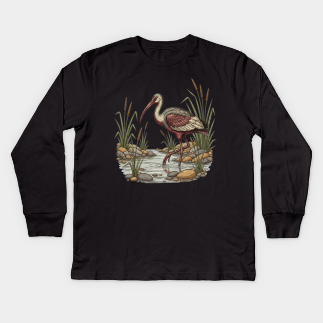 Ibisbill Bird Walking in River with Reeds Kids Long Sleeve T-Shirt by BirdsnStuff