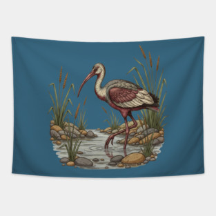 Ibisbill Bird Walking in River with Reeds Tapestry