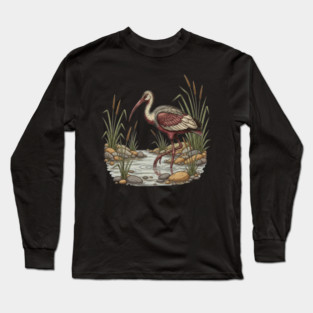 Ibisbill Bird Walking in River with Reeds Long Sleeve T-Shirt