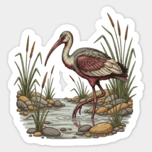 Ibisbill Bird Walking in River with Reeds Sticker