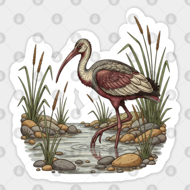 Ibisbill Bird Walking in River with Reeds Sticker by BirdsnStuff