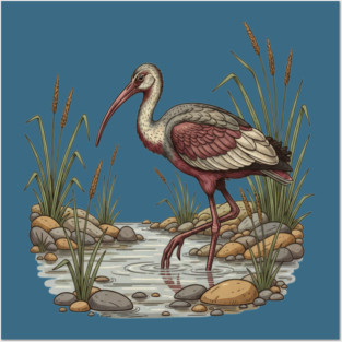 Ibisbill Bird Walking in River with Reeds Posters and Art