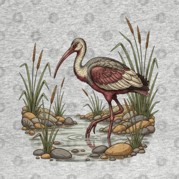 Ibisbill Bird Walking in River with Reeds by BirdsnStuff