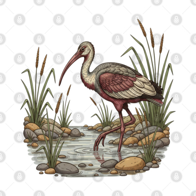 Ibisbill Bird Walking in River with Reeds by BirdsnStuff