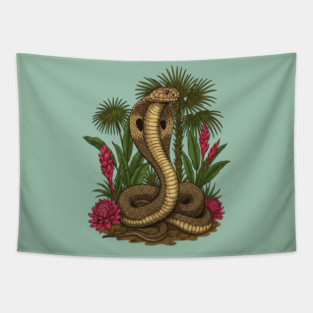 King Cobra Snake Among Tropical Red Ginger Tapestry