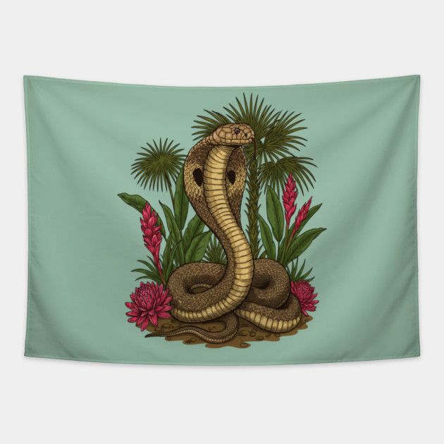 King Cobra Snake Among Tropical Red Ginger Tapestry by BirdsnStuff